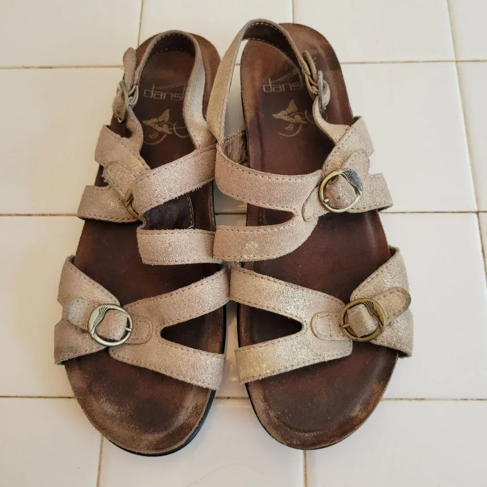 Dansko 37‎ Metallic Sparkle Glitter Shimmer Leather Wedge Sandals JAMESON 6.5 7